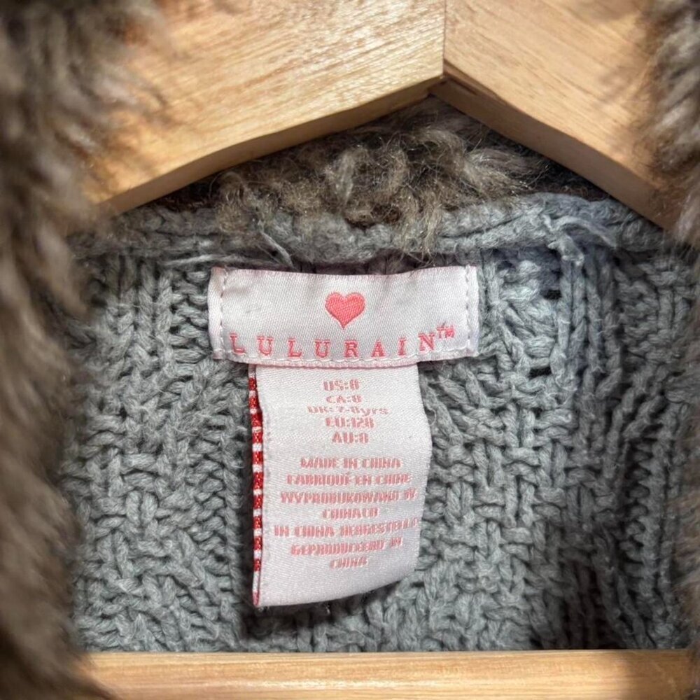 Y2K Faux Fur Collar Cable Knit Cropped Cardigan Grey XXS - Picture 4 of 4